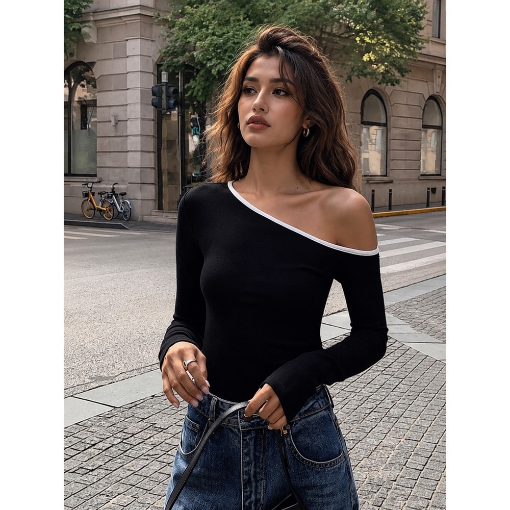 COMMENSE Black White Contrast Off Shoulder Asymmetrical Long Sleeve Top Size XS